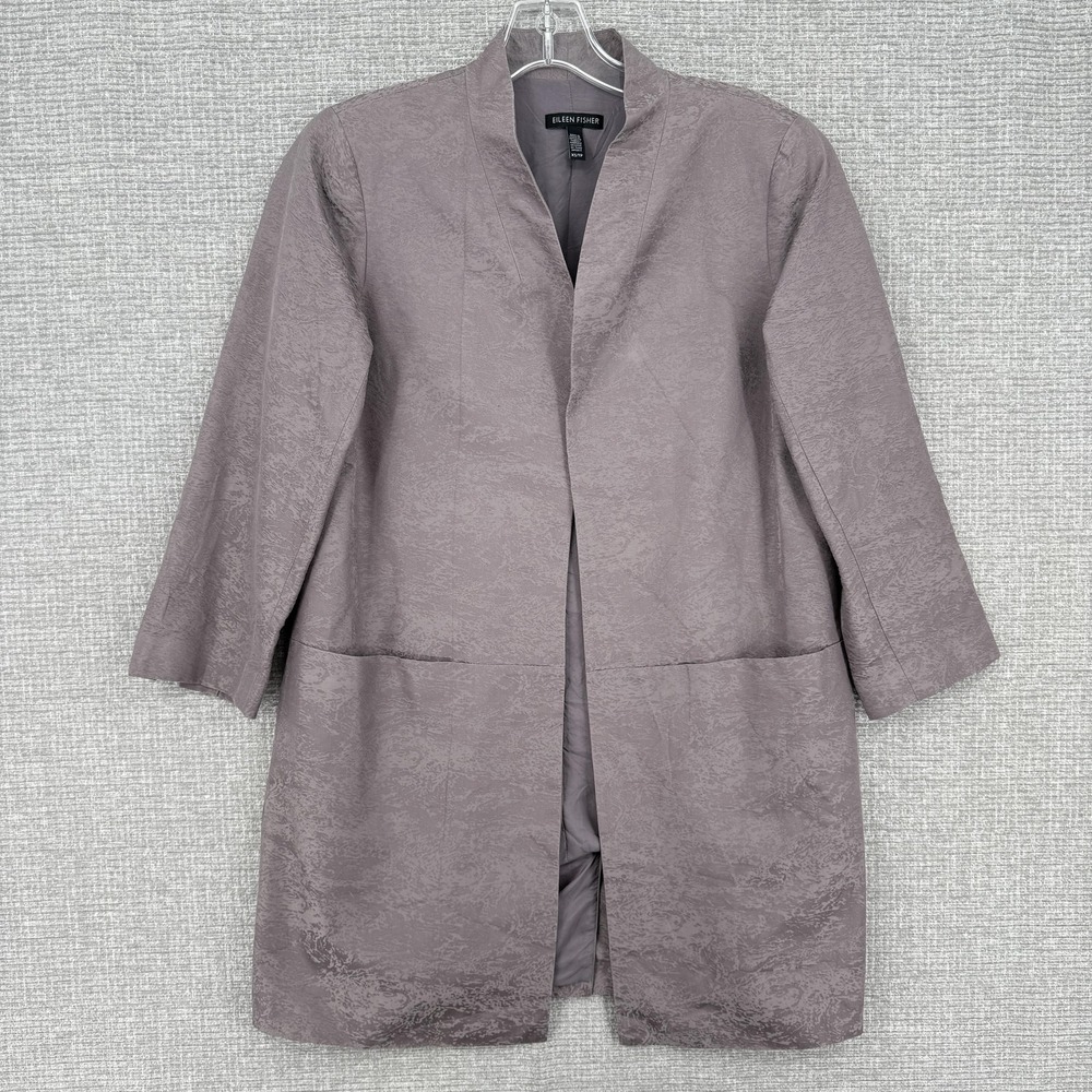 Eileen Fisher Jacket Womens XS Gray Mid-Length Open Lined Pockets Polyester